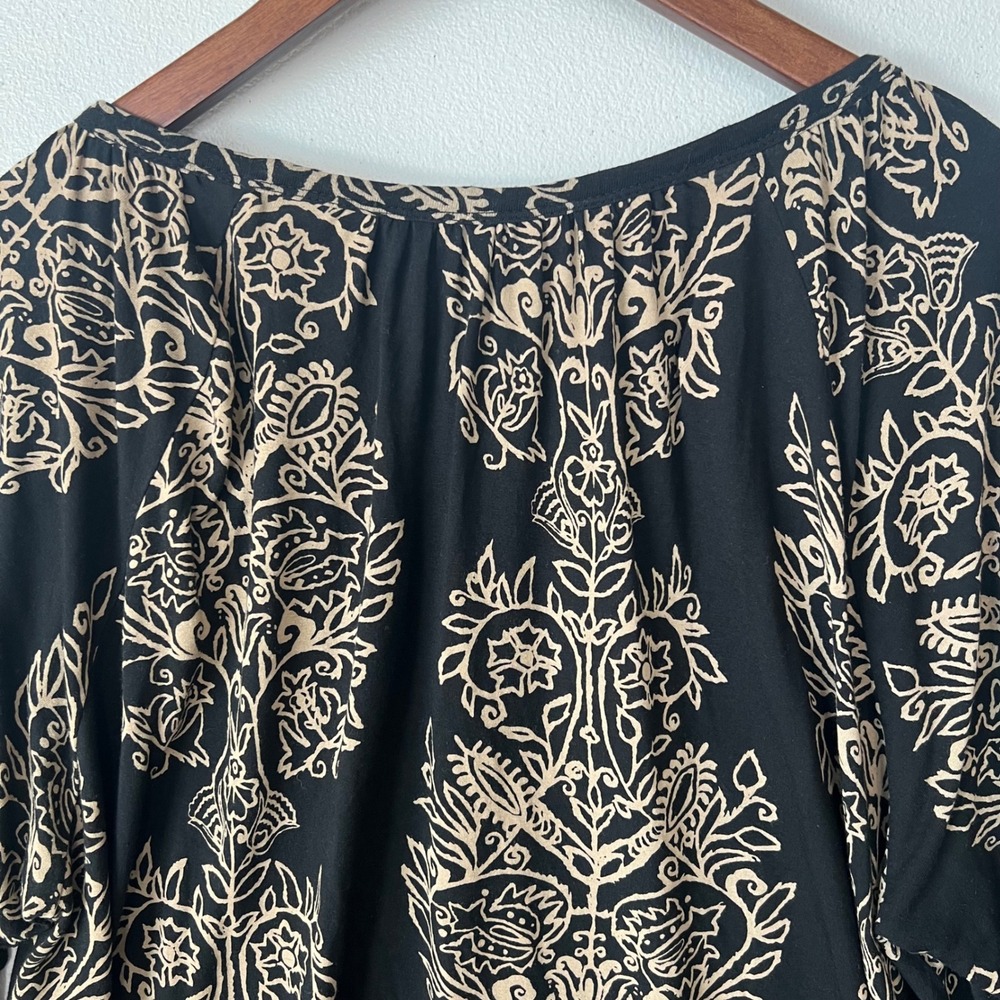 Lucky Brand 2X Blouse Black Tan Floral Damask Boho Peasant Soft Comfy Viscose - Picture 10 of 13